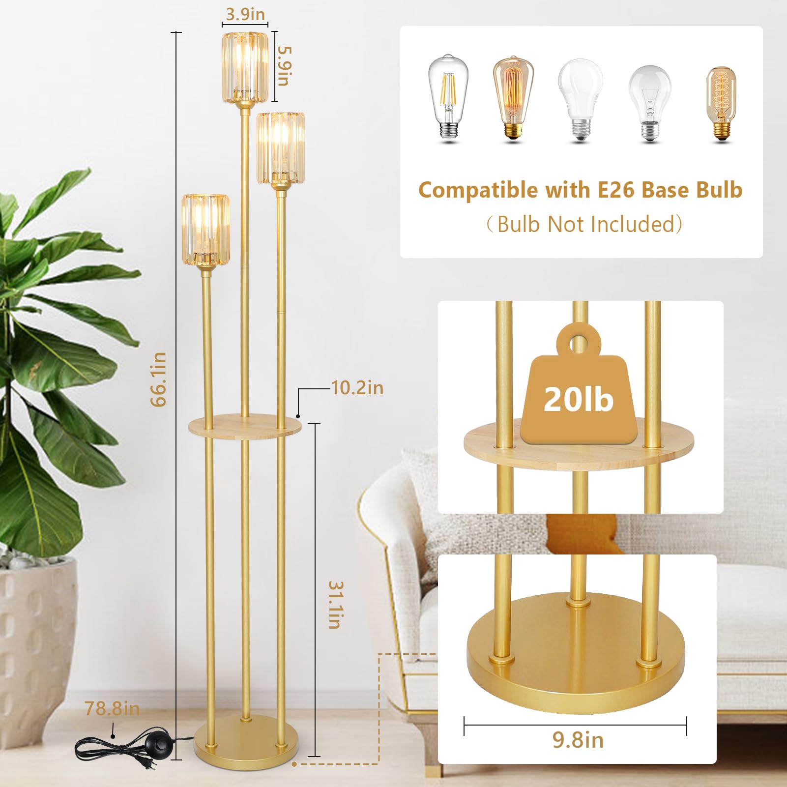 HMVPL Gold Floor Lamps for Living Room, Modern Floor Lamp with Shelves, Crystal Standing Lamps with Table, Brass Tall Lamp with Crystal Shade, On/Off Switch, Mid Century Corner Floor Lamp for Bedroom