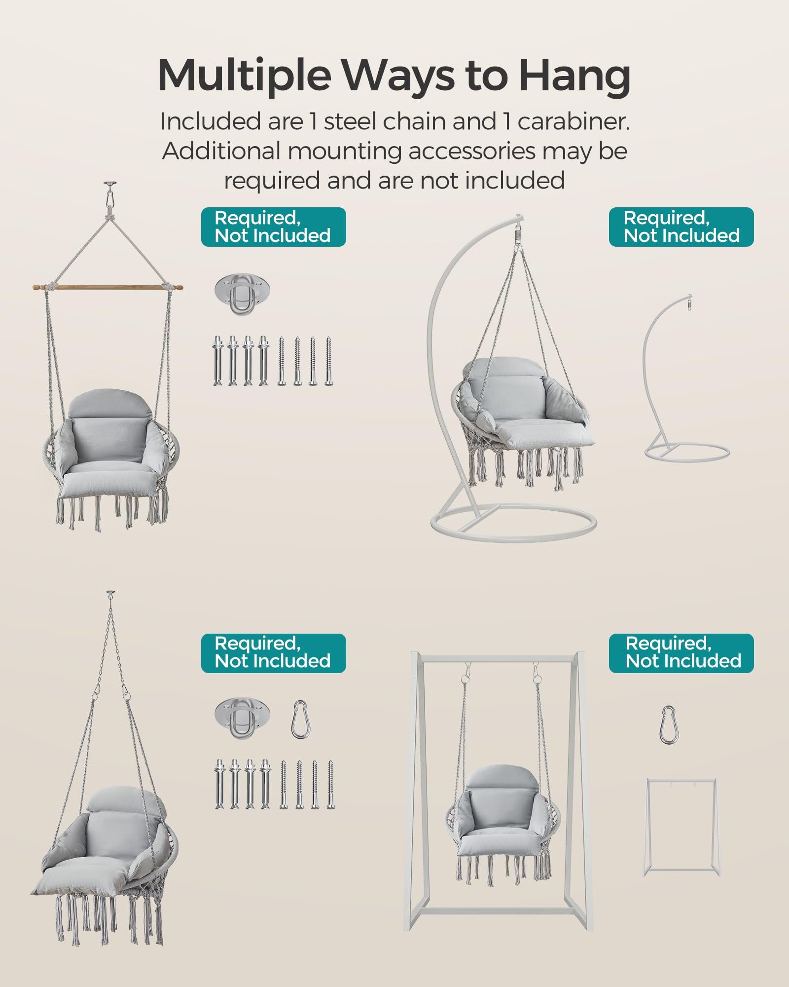 SONGMICS Hanging Chair, Hammock Chair with Large, Thick Cushion, Boho Swing Chair for Bedroom, Patio, Balcony, Garden, Holds up to 264 lb, Accessories Included, Cream White UGDC042M01