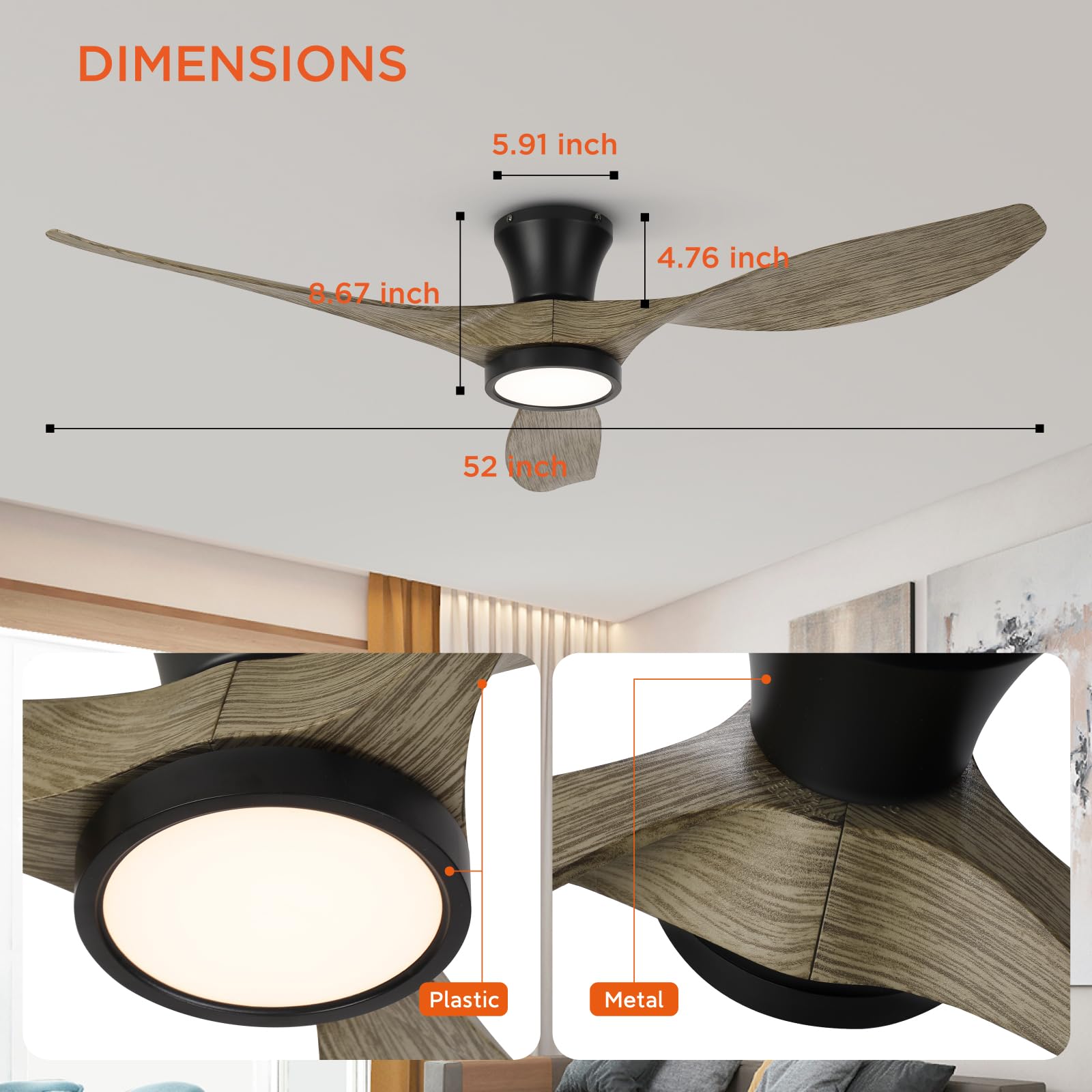 TALOYA Ceiling Fans with Lights,42 inch Modern Low Profile Ceiling Fan with Light and Remote Control, Flush Mount, 3CCT, White Ceiling Fan for Bedroom Living Room and Patio