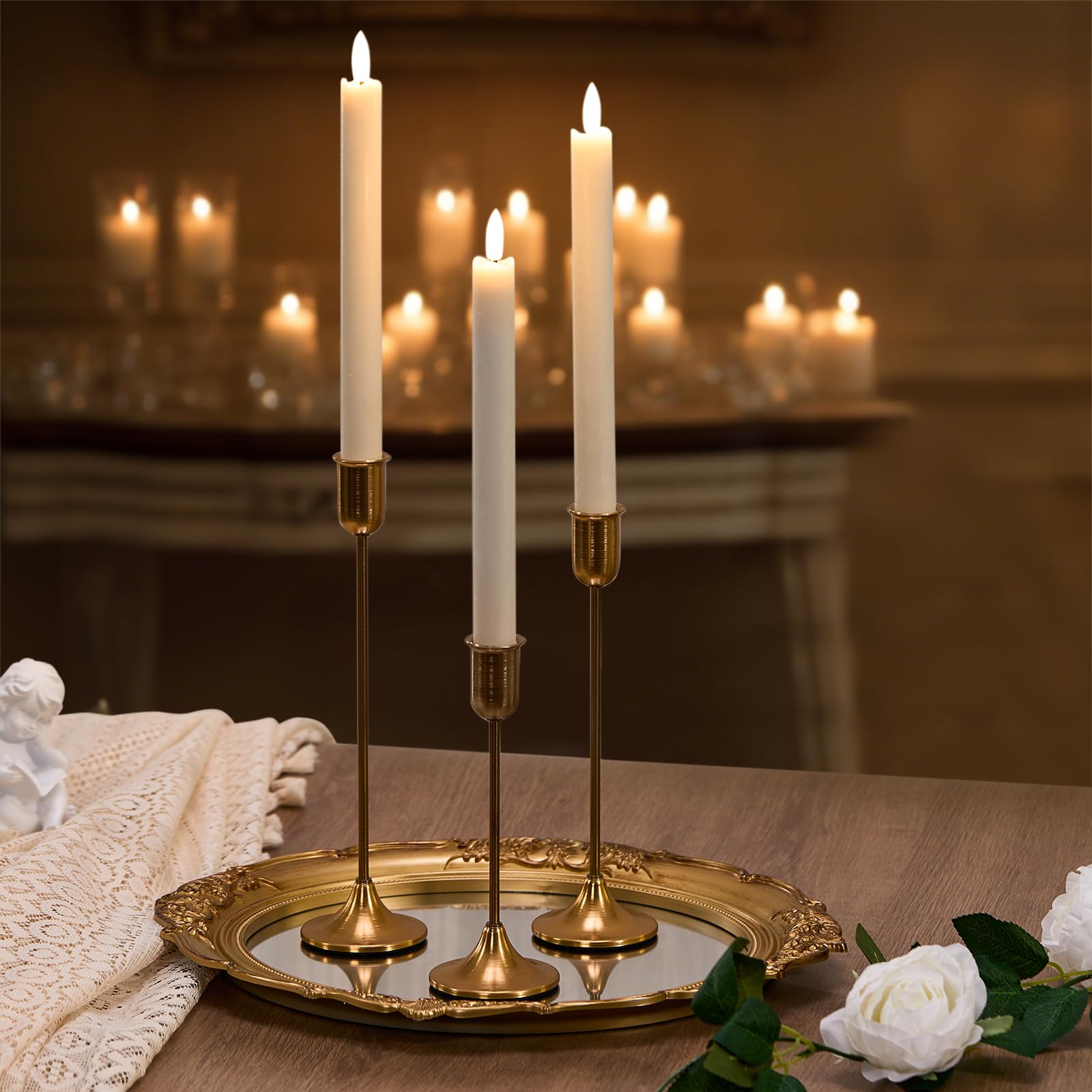 Black Hurricane Glass Candle Holders Set of 3, Tall Metal Taper Candle Stick Holder, Clear Candlestick Holders, Table Centerpieces Decor for Dining Dinner, Weddings, Christmas Fireplace Decorations