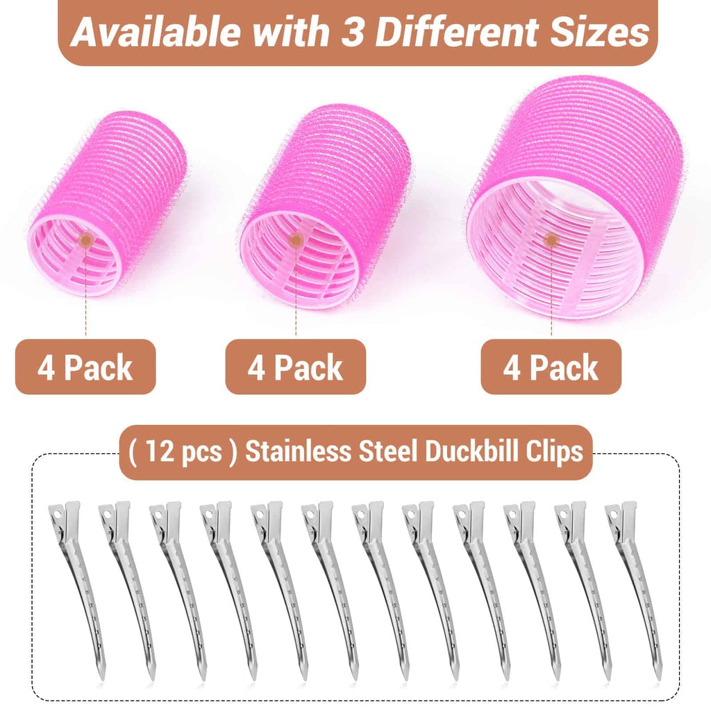 Self Grip Hair Rollers and Curlers Set - 24 Pieces with 3 Sizes (4 Jumbo, 4 Large, 4 Medium) and 12 Clips for Long, Short, Thick, Fine Hair Styling