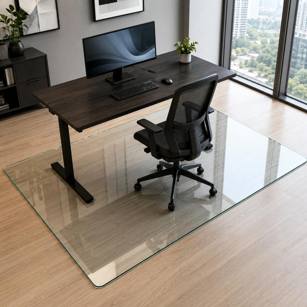 Tempered Glass Chair Mat 48" x 32",1/5" Thick for Office Desk,Rolling Chair Mat for Carpet, Odorless, Easy to Clean with 4 Non-Slip Pads for Carpet & Hardwood Floors