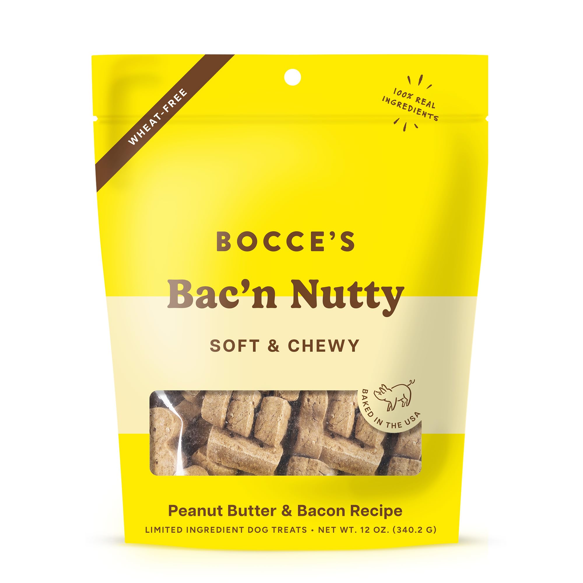 Bocce's Bakery Bac'n Nutty Soft & Chewy Dog Treats, Wheat-Free PB & Bacon Flavored All Natural Limited Ingredient Oven Baked Cookies for Dogs, 6 oz Bag