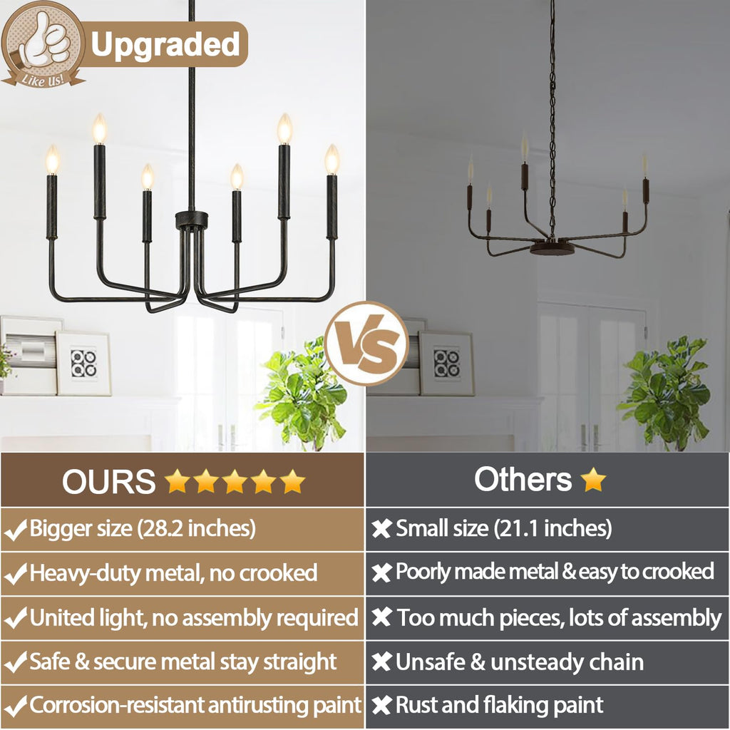 Rustic Black Chandelier, 6-Light Antique Farmhouse Chandelier for Dining Room Lighting Fixtures, Vintage Candle Pendant Light Fixtures Chandeliers for Dining Room Bedroom, Foyer and Living Room