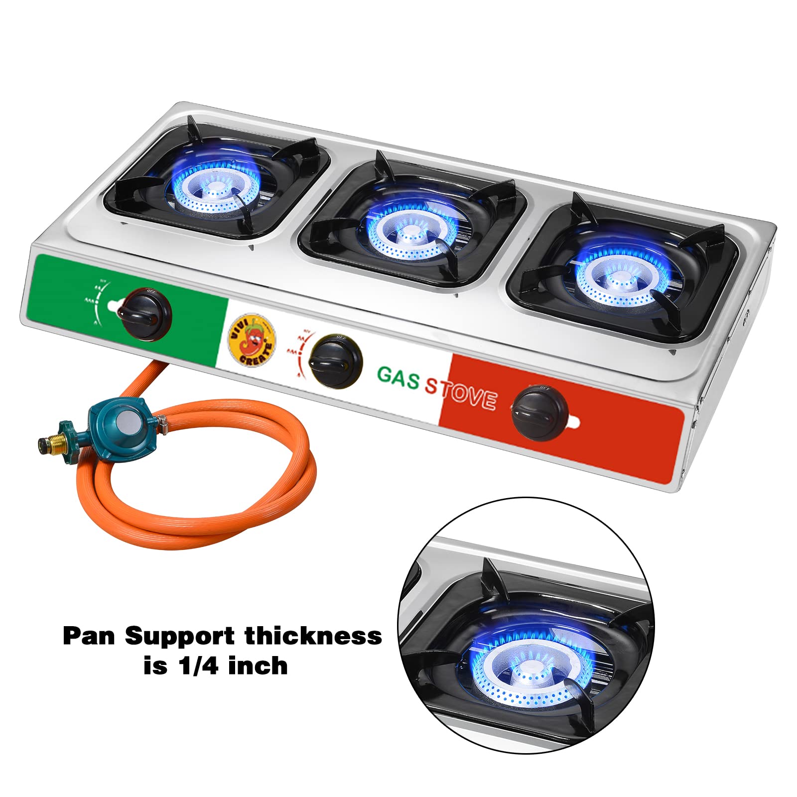 Vivicreate 3 Burner Propane Gas Stove 30000 BTU Stainless Steel Cooktop with Enamel Pan Supports Electronic Ignition for Outdoor Cooking Camping BBQ Estufa de Gas Portátil Fogón de Gas