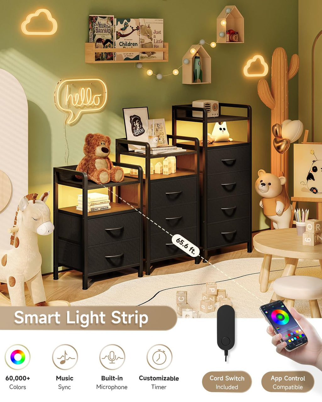 Lazzanto Night Stand Bedside Charger Bedroom - Nightstand with Charging Station & LED Light Strip, Night Stand with Storage Shelf & 2 Fabric Drawers, Morden End Table with U-S-B Ports & AC Outlets