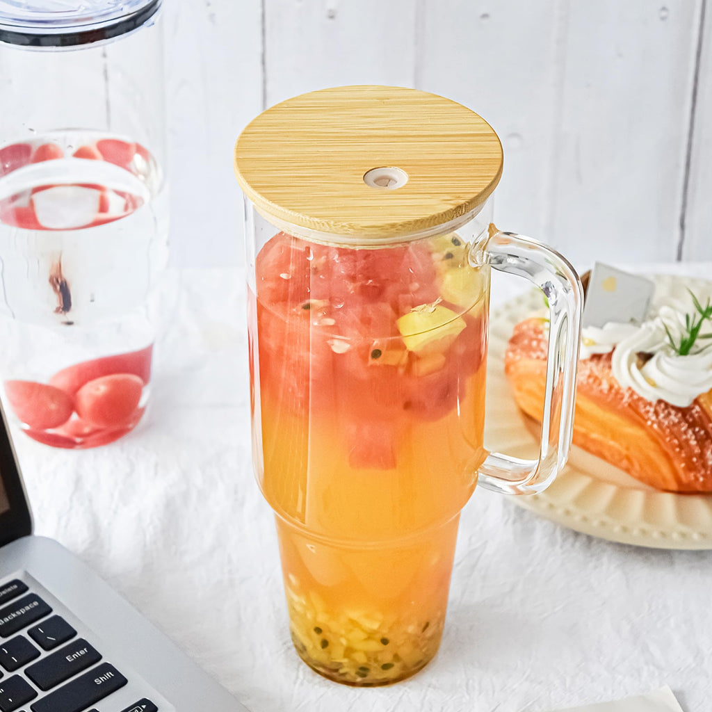 40 oz Glass Tumbler with Handle 12 Pack Glass Tumbler with Straw and Lid Clear Reusable Iced Coffee Cup, Fits Car Cup Holder, BPA Free, for Boba Tea, Juice, Smoothie, Beer(Sublimatable)