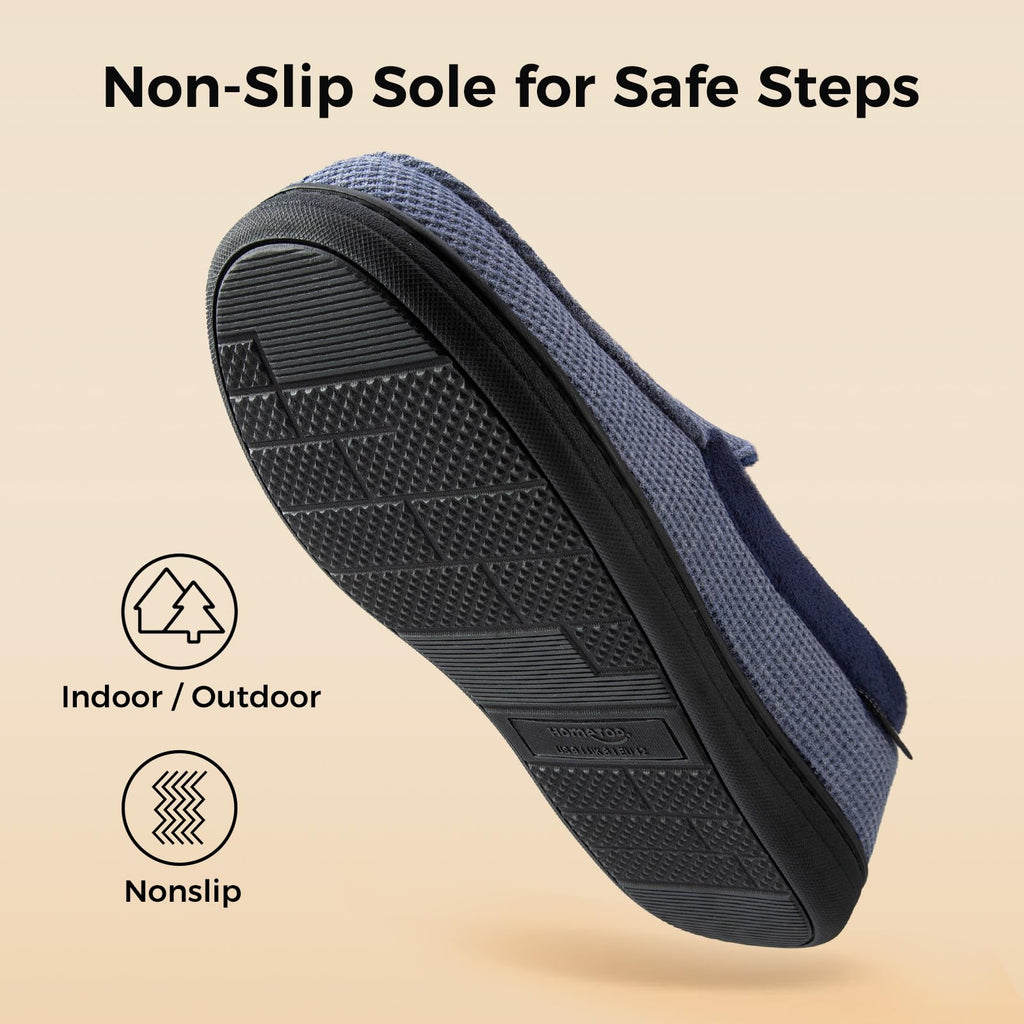 HomeTop Men's Comfort Memory Foam Moccasin Slippers, Breathable Cotton Knit Terry Cloth House Shoes for Indoor Outdoor