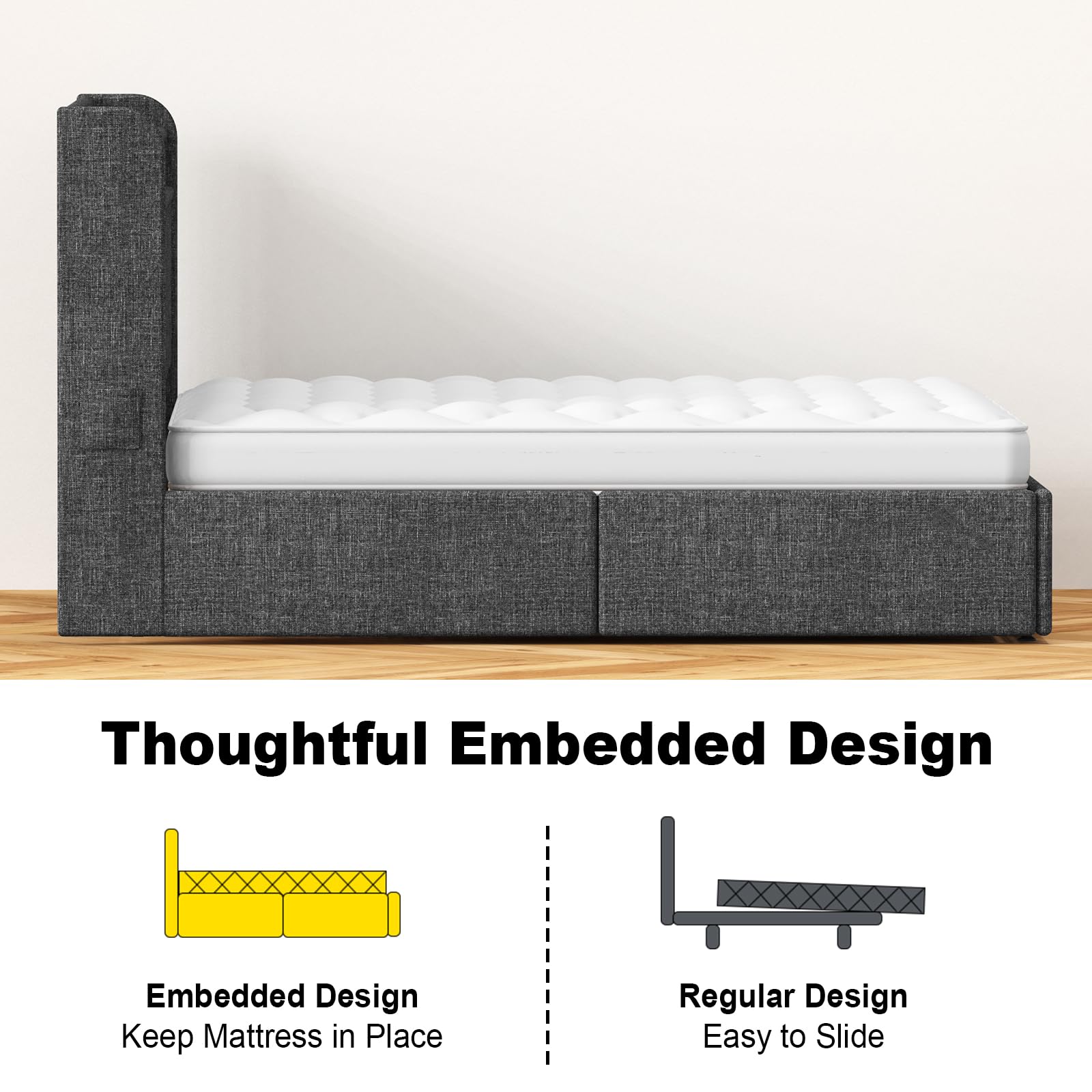 Queen Bed Frame 1500LBS Heavy Duty, 2-Tier Storage Headboard & 4 Drawers, Upholstered Metal Platform with Thicker Wooden Slats, Charging Station & LED Lights, No Box Spring Needed, Easy Assembly, Grey
