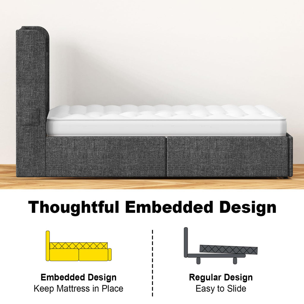 Queen Bed Frame 1500LBS Heavy Duty, 2-Tier Storage Headboard & 4 Drawers, Upholstered Metal Platform with Thicker Wooden Slats, Charging Station & LED Lights, No Box Spring Needed, Easy Assembly, Grey