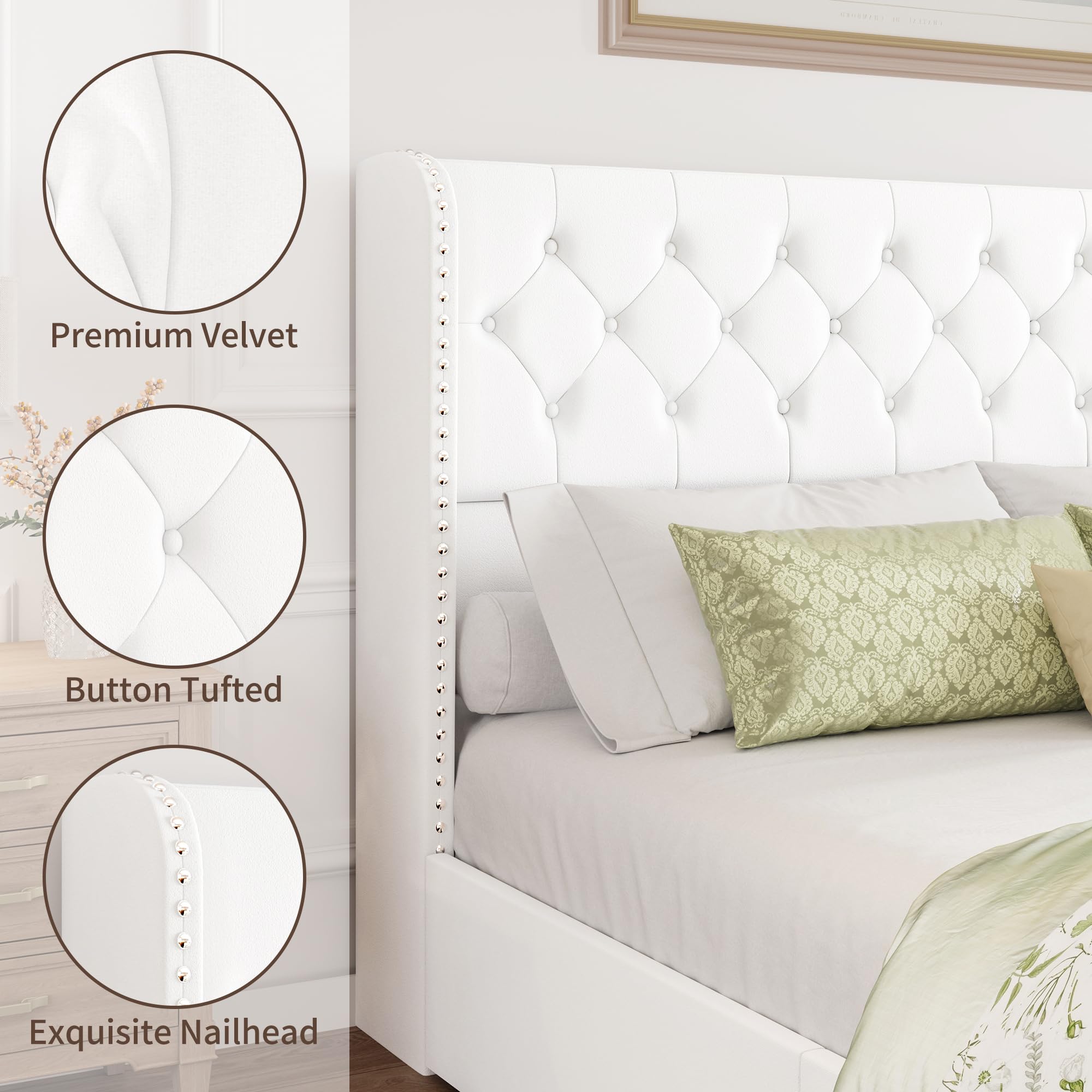 BRELTAM Full Size Bed Frame with Storage Drawers and Wingback Headboard Linen Upholstered Platform Bed Frame Tufted Beds with Heavy Duty Wood Slats, Noise Free, Easy Assembly, Beige