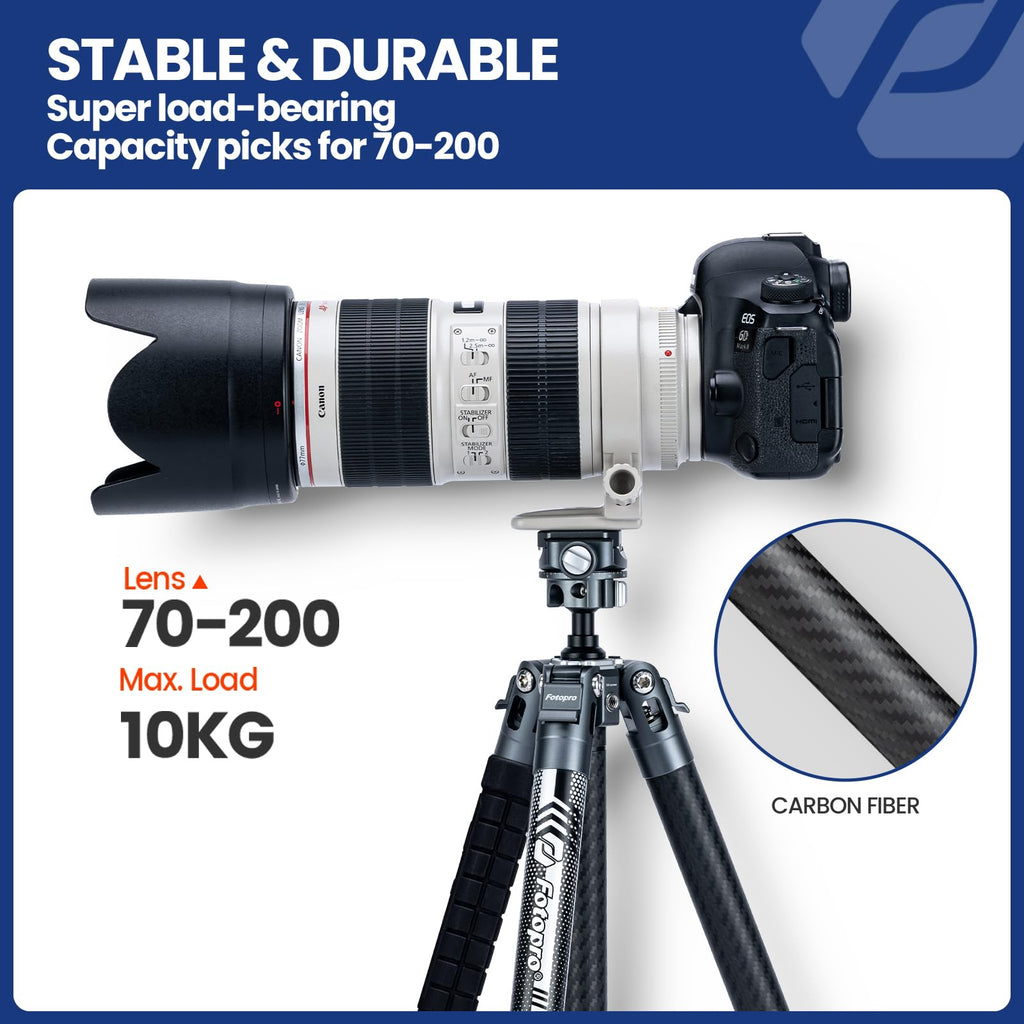 Fotopro 60" Camera Tripod, Carbon Fiber Travel Tripod with 360° Ball Head, Ultralight 2.1lbs, 22lbs Load, Quick Lock, Folds to 14.3" Carry-On, for DSLR Mirrorless Cameras, X-Aircross 3 Blue