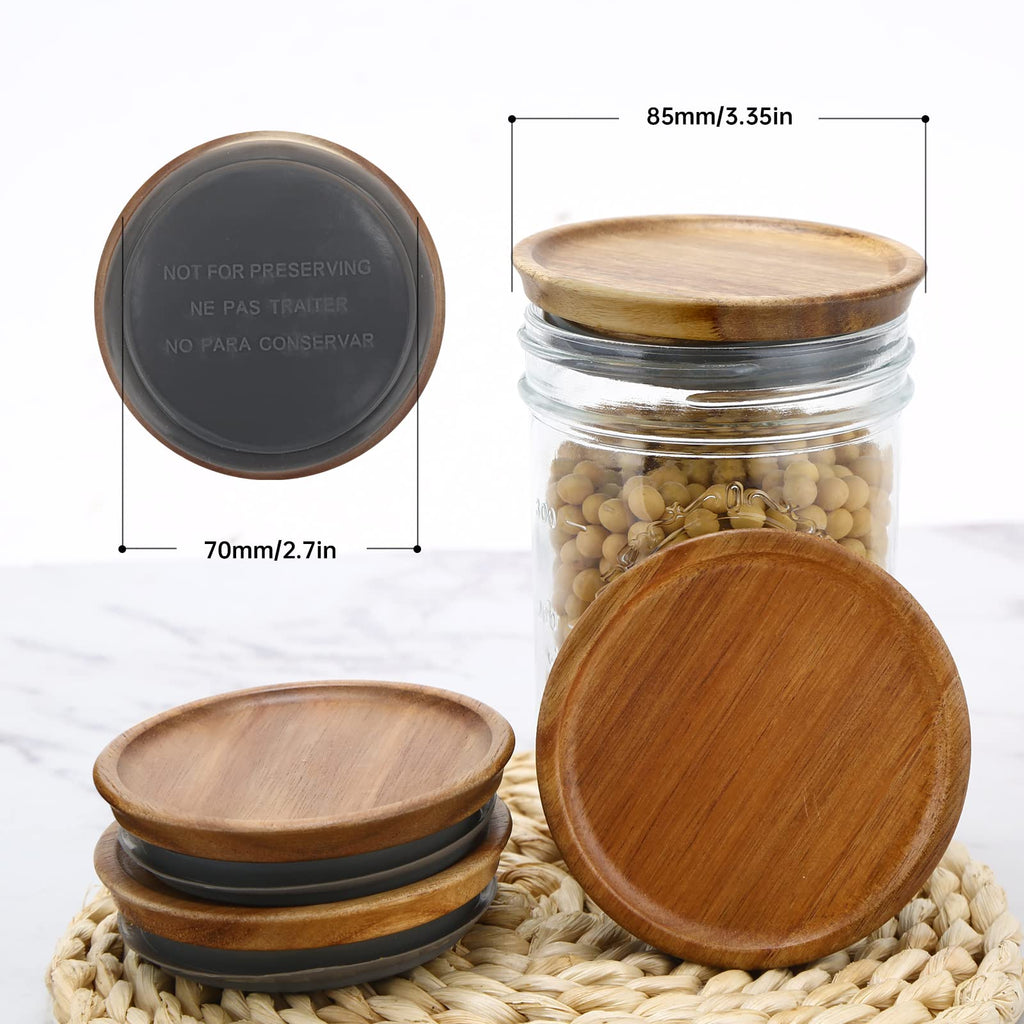 6 Pack Wide Mouth Mason Jar Lids Reusable canning lids Acacia Wooden mason jar Lids with Airtight Silicone Seal, Brown (6PCS Wide Lids)