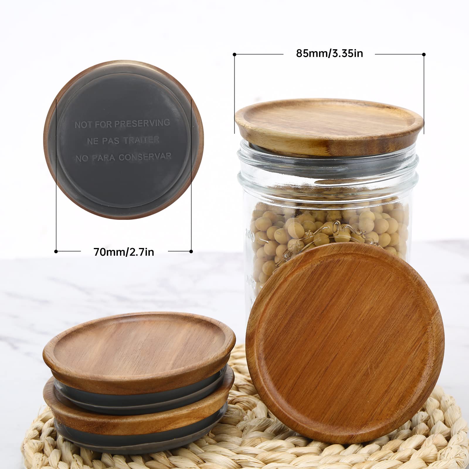 6 Pack Wide Mouth Mason Jar Lids Reusable canning lids Acacia Wooden mason jar Lids with Airtight Silicone Seal, Brown (6PCS Wide Lids)