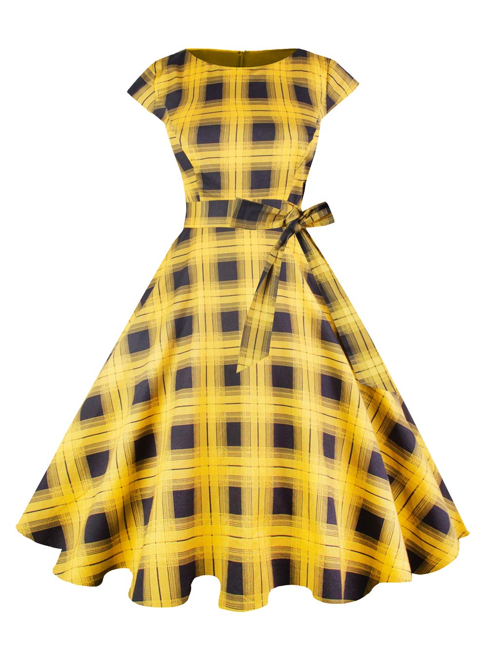 PUKAVT Women's 1950 Boatneck Cap Sleeve Vintage Swing Cocktail Party Dress with Pockets