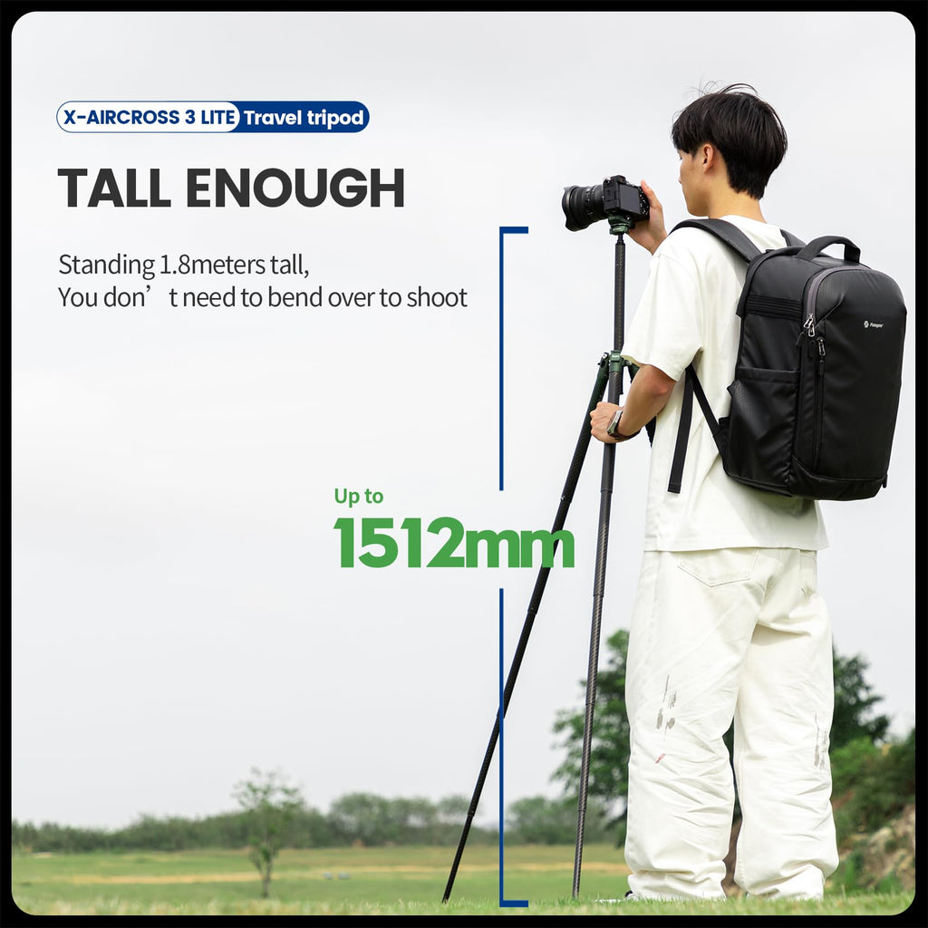 Fotopro 60" Camera Tripod, Carbon Fiber Travel Tripod with 360° Ball Head, Ultralight 2.1lbs, 22lbs Load, Quick Lock, Folds to 14.3" Carry-On, for DSLR Mirrorless Cameras, X-Aircross 3 Blue