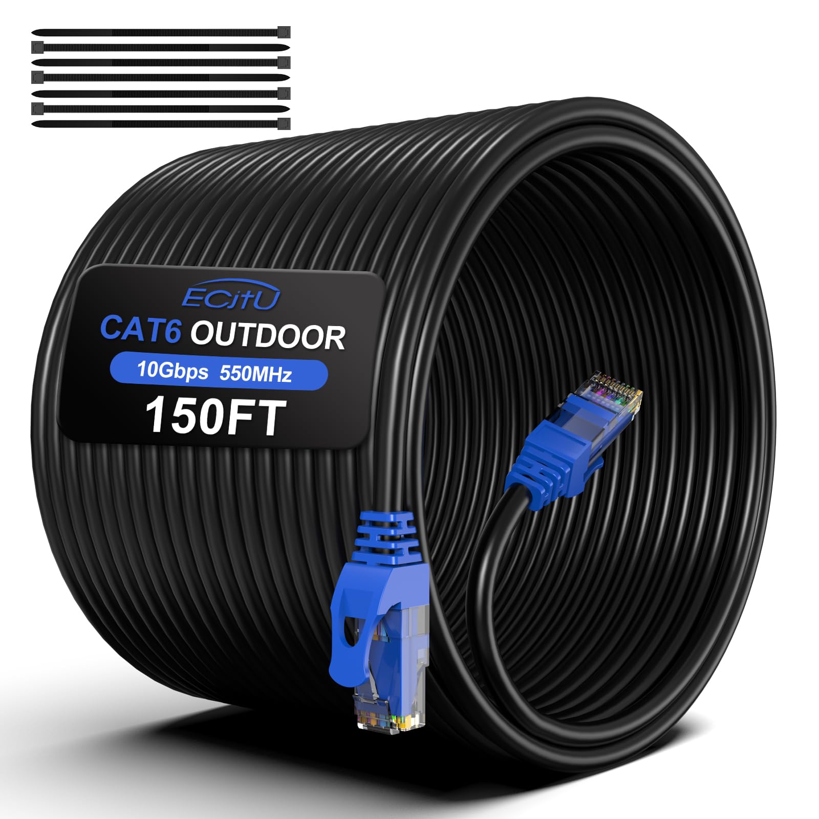 20FT Cat6 Outdoor Ethernet Cable, In-Ground, Heavy Duty Direct Burial, 24AWG CCA Patch Cord, PoE, UTP, Waterproof, LLDPE UV Resistant, Network, Internet, LAN, Cat 6 Cable 20 Feet with 25 Cable Ties