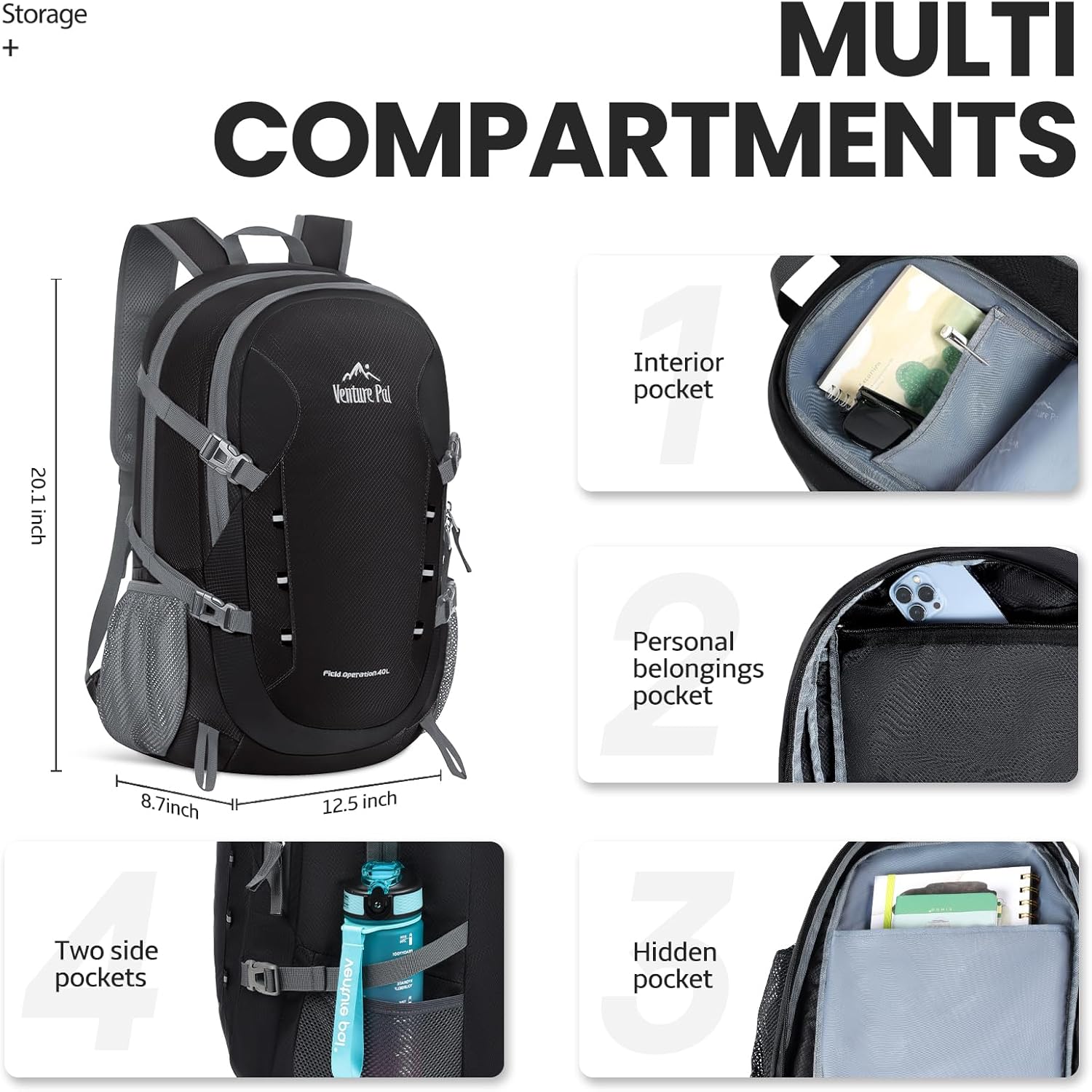 Venture Pal 40L Lightweight Packable Travel Hiking Backpack Daypack-Black