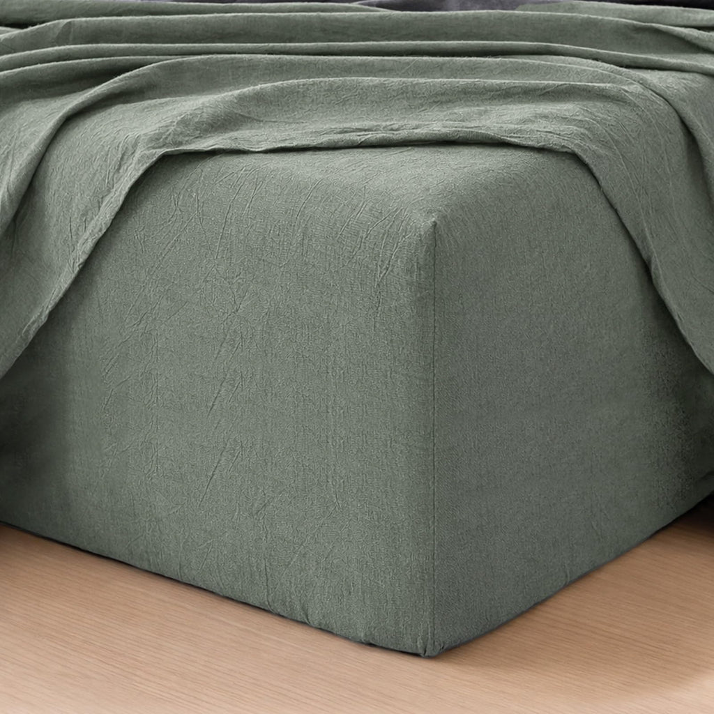 MooMee Fitted Bottom Sheet Only 100% Washed Cotton Linen Like Textured Breathable Durable Soft Comfy Deep Pocket Fits Mattress up to 17" (Almond Milk Grey, Twin)