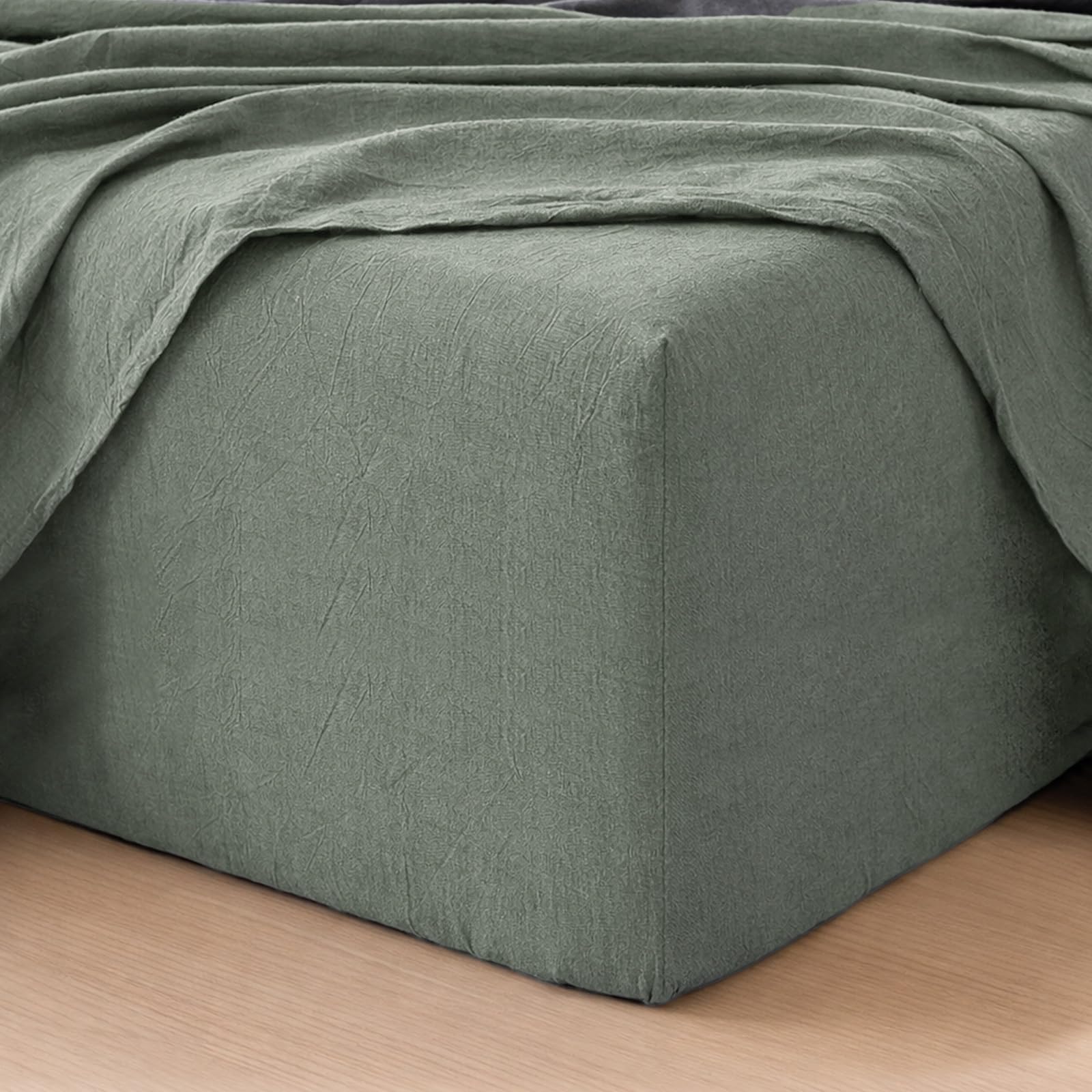 MooMee Fitted Bottom Sheet Only 100% Washed Cotton Linen Like Textured Breathable Durable Soft Comfy Deep Pocket Fits Mattress up to 17" (Almond Milk Grey, Twin)