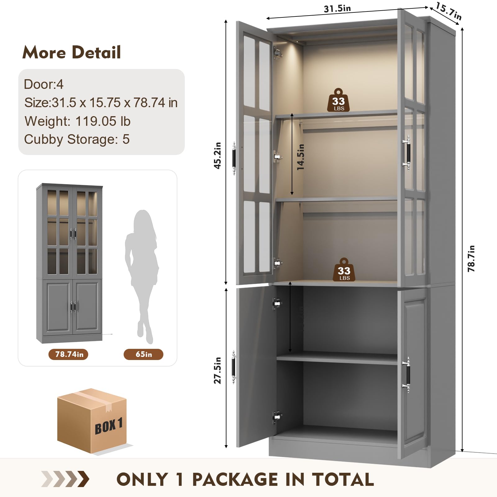 MEISSALIVVE Kitchen Pantry Storage Cabinet with LED Lights, 78.7" Tall with Glass Doors & Drawers, Freestanding Utility Cabinet, Black (31.5" W x 15.7" D)
