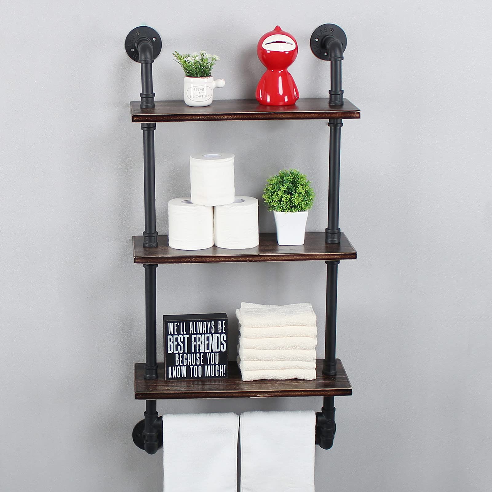 MBQQ Industrial Pipe Shelf Bathroom Shelves Wall Mounted,19.6in Rustic Wood Shelf with Towel Bar,1 Tier Farmhouse Towel Rack,Pipe Shelving Floating Shelves Towel Holder,Black & White