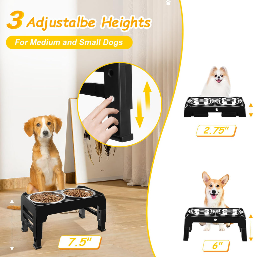 Elevated Dog Bowls 3 Height Adjustable Raised Bowl Stand with 25oz Stainless Steel Dog Food Bowls Anti-Slip for Small Dogs Adjusts to 7.5", 6", 2.75", Black