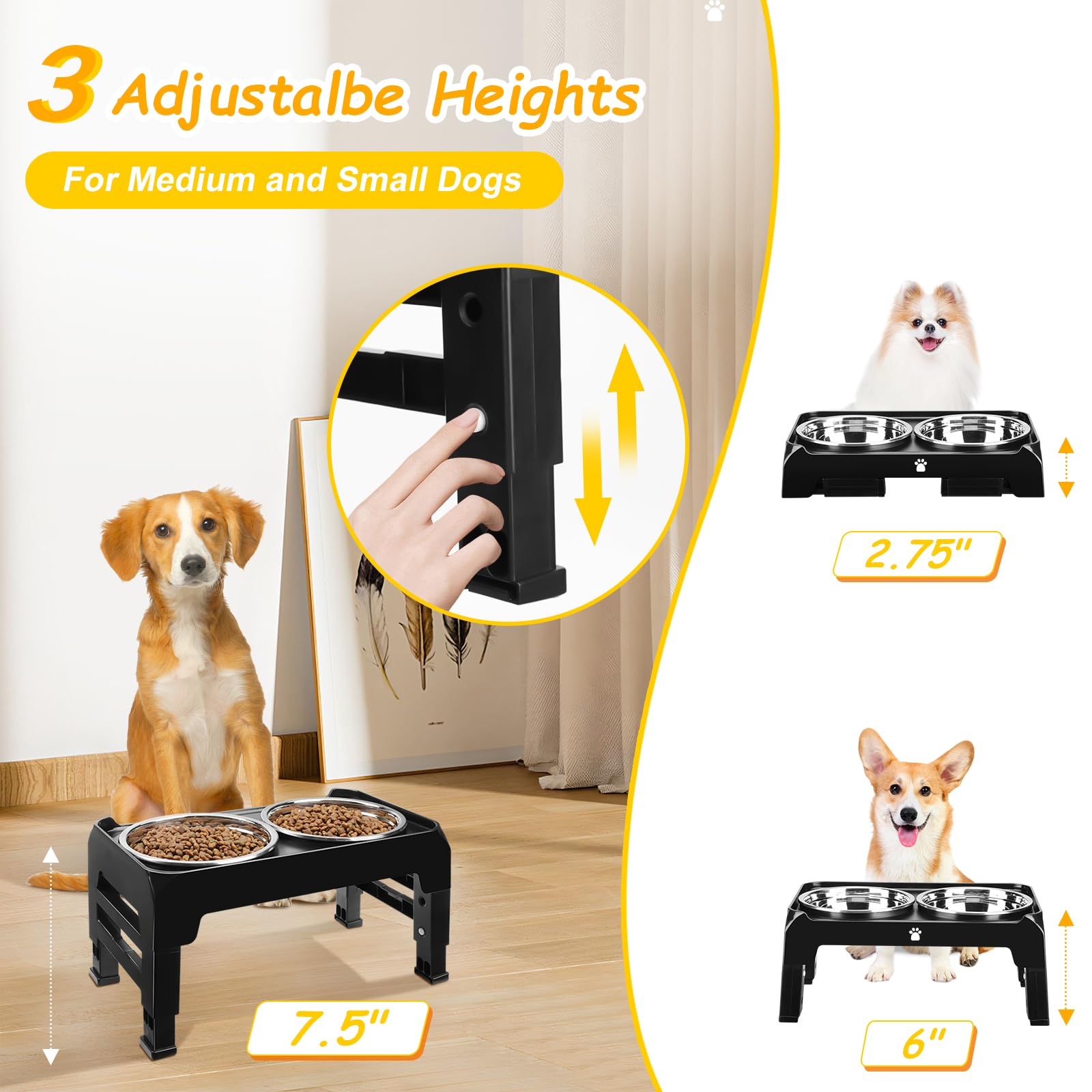 Elevated Dog Bowls 3 Height Adjustable Raised Bowl Stand with 25oz Stainless Steel Dog Food Bowls Anti-Slip for Small Dogs Adjusts to 7.5", 6", 2.75", Black
