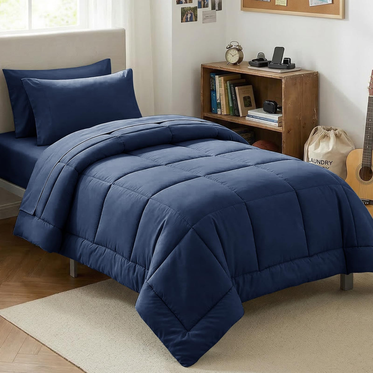 CozyLux Twin XL Comforter Set Baby Blue, 5 Pieces Twin Extra Long Bed in a Bag for College Dorm, All Season Bedding Set with Stitch Quilted Comforter, Flat Sheet, Fitted Sheet, Pillowcases
