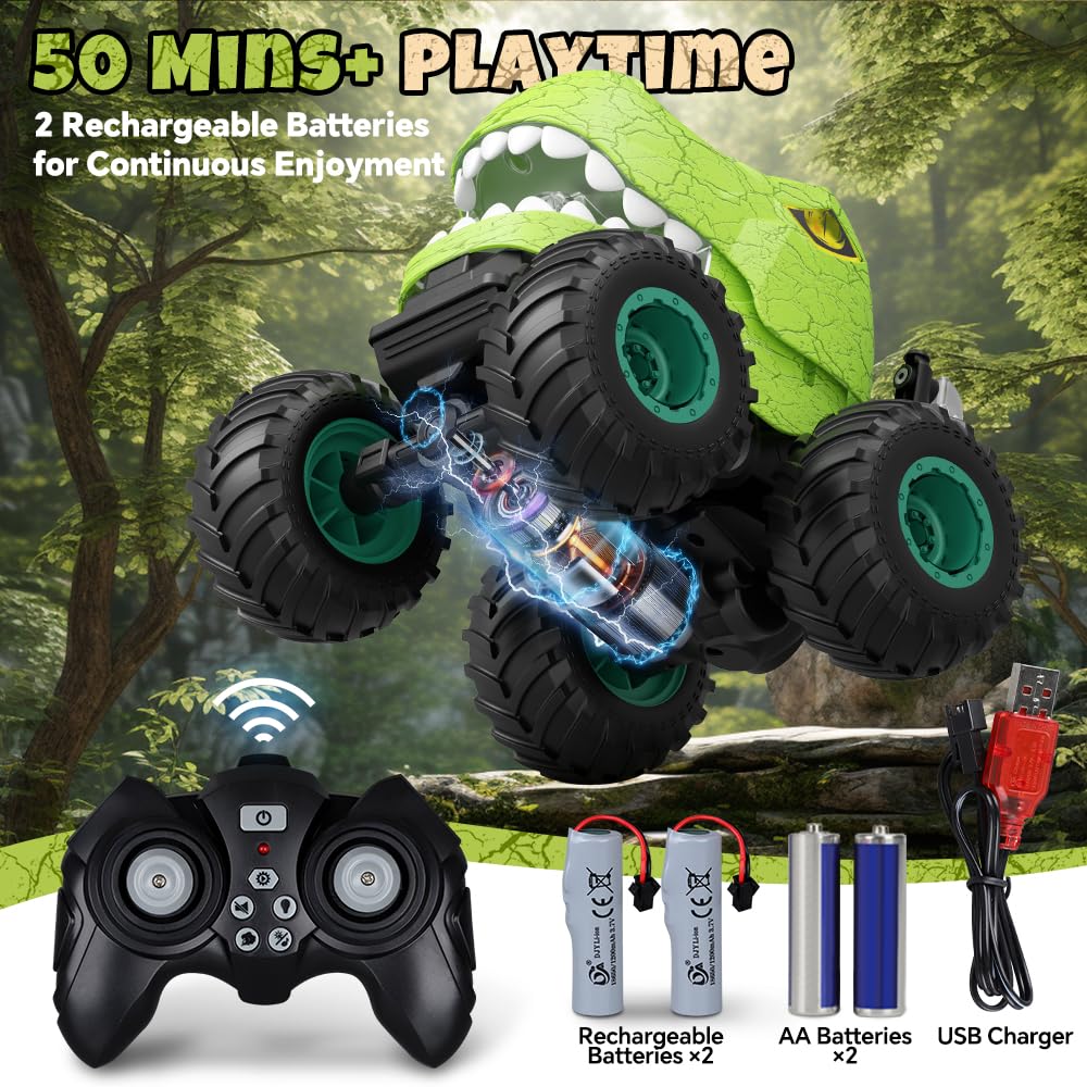 Drefirsa Dinosaur Remote Control Car for Kids Ages 3-5 6-12, Remote Control Monster Truck with Spray, Light, 360° Rolling&90° Driving, All Terrain Dinosaur Toy for Boys Birthday Gift