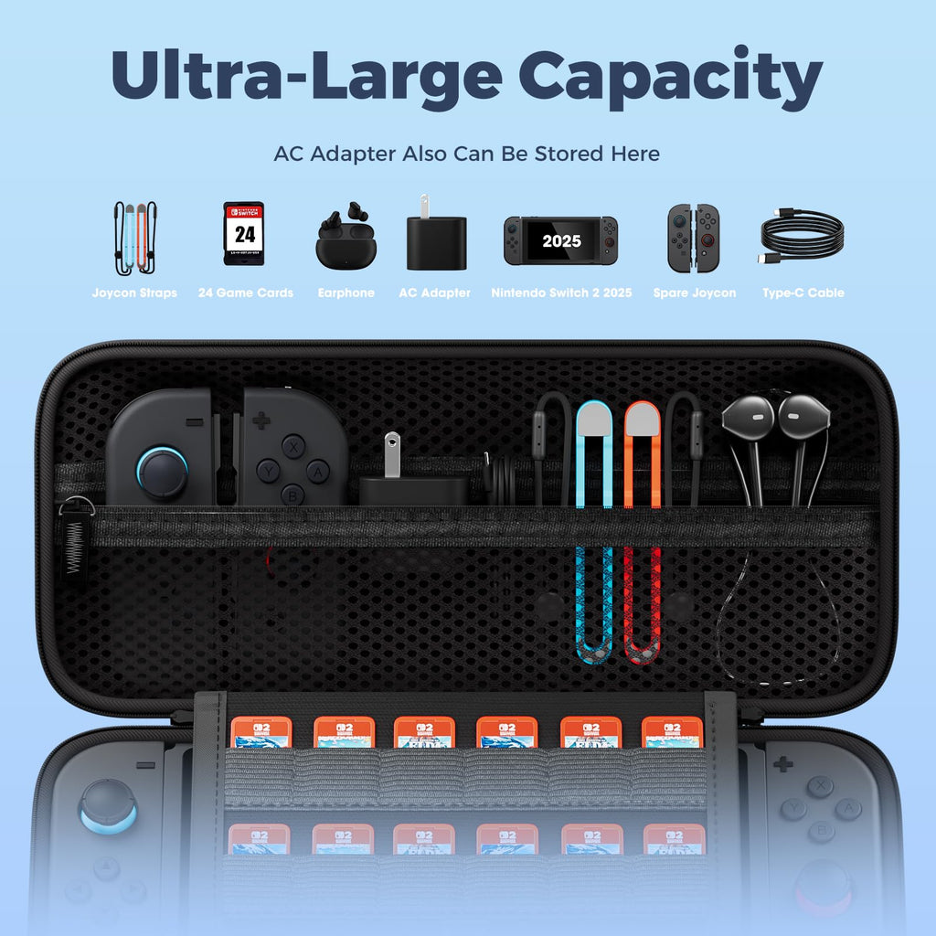 ProCase Carrying Case for Nintendo Switch 2 (2025) with 24 Game Card Slots, Hard Portable Travel Case Storage Bag Protective Pouch for 2025 Nintendo Switch 2 Console AC Adapter & Accessories -Black,L