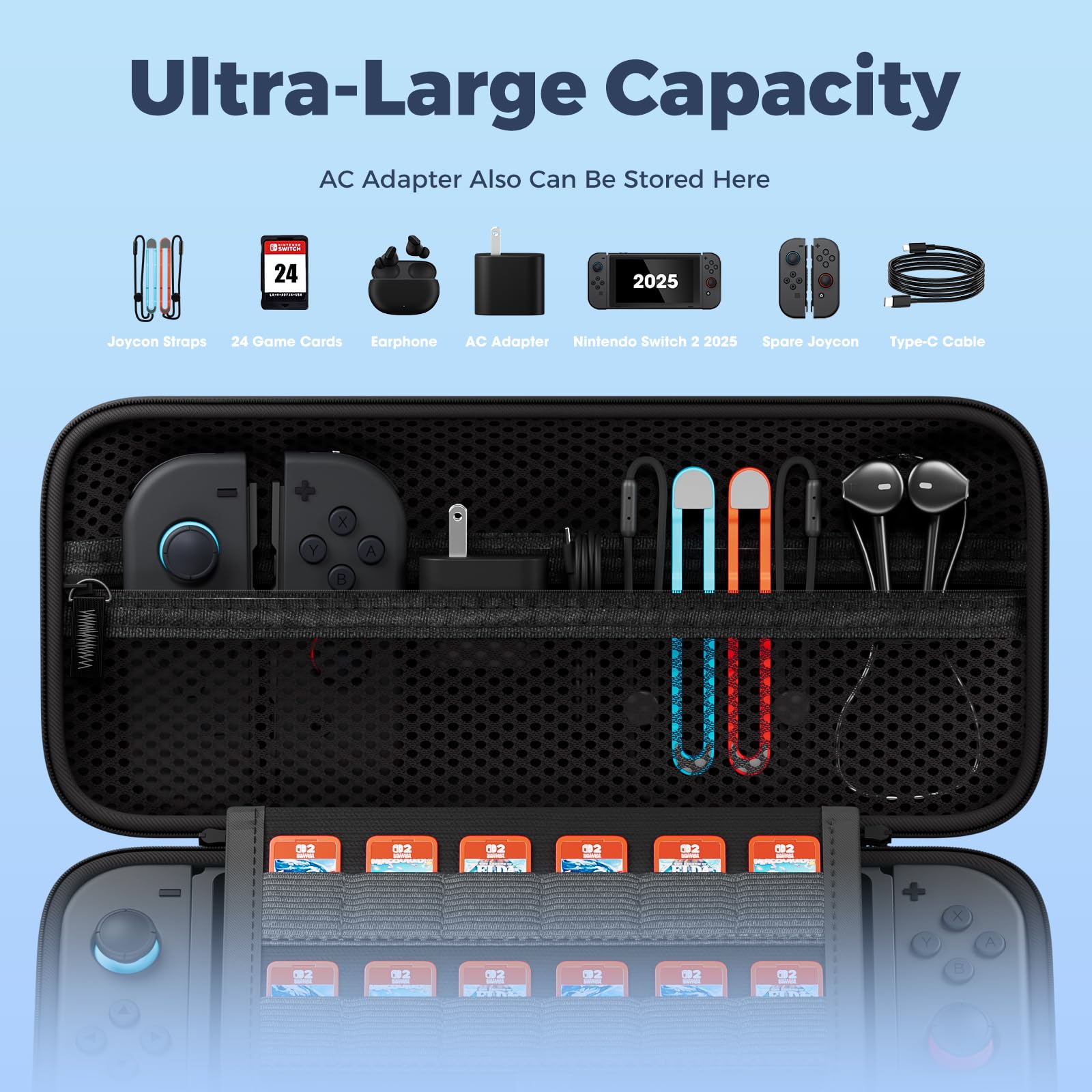 ProCase Carrying Case for Nintendo Switch 2 (2025) with 24 Game Card Slots, Hard Portable Travel Case Storage Bag Protective Pouch for 2025 Nintendo Switch 2 Console AC Adapter & Accessories -Black,L