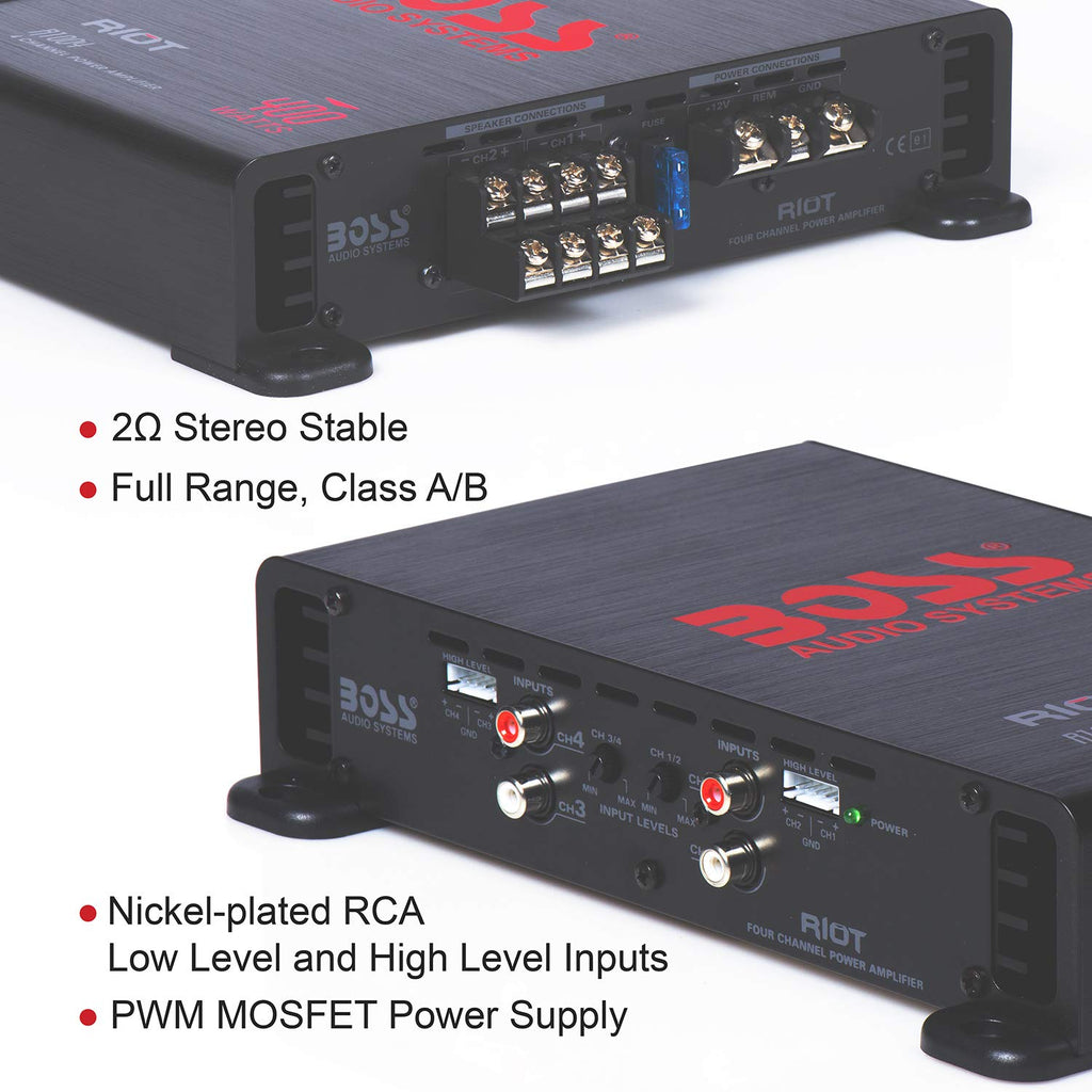 BOSS Audio Systems R1004 Riot Series 4 Channel Class A/B Car Amplifier - 400 High Output, IC (Integrated Circuit), Hook Up to Subwoofer for Bass