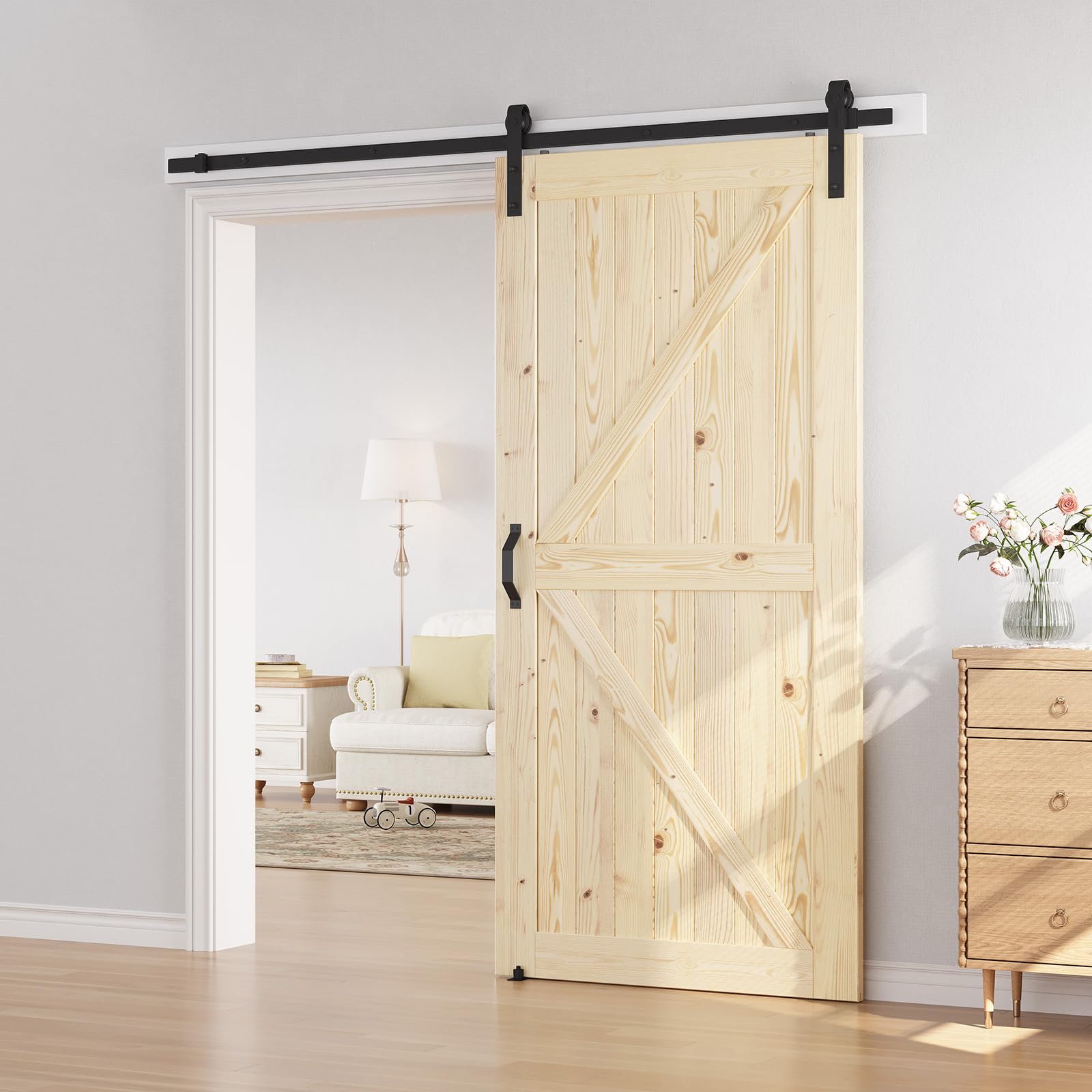 SmartStandard 24in x 80in Sliding Barn Wood Door Pre-Drilled Ready to Assemble, DIY Unfinished Solid Spruce Wood Panelled Slab, Interior Single Door Only, Natural, K-Frame (Fit 4FT Rail)