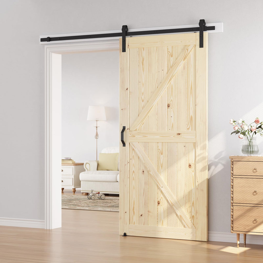 SmartStandard 24in x 80in Sliding Barn Wood Door Pre-Drilled Ready to Assemble, DIY Unfinished Solid Spruce Wood Panelled Slab, Interior Single Door Only, Natural, K-Frame (Fit 4FT Rail)