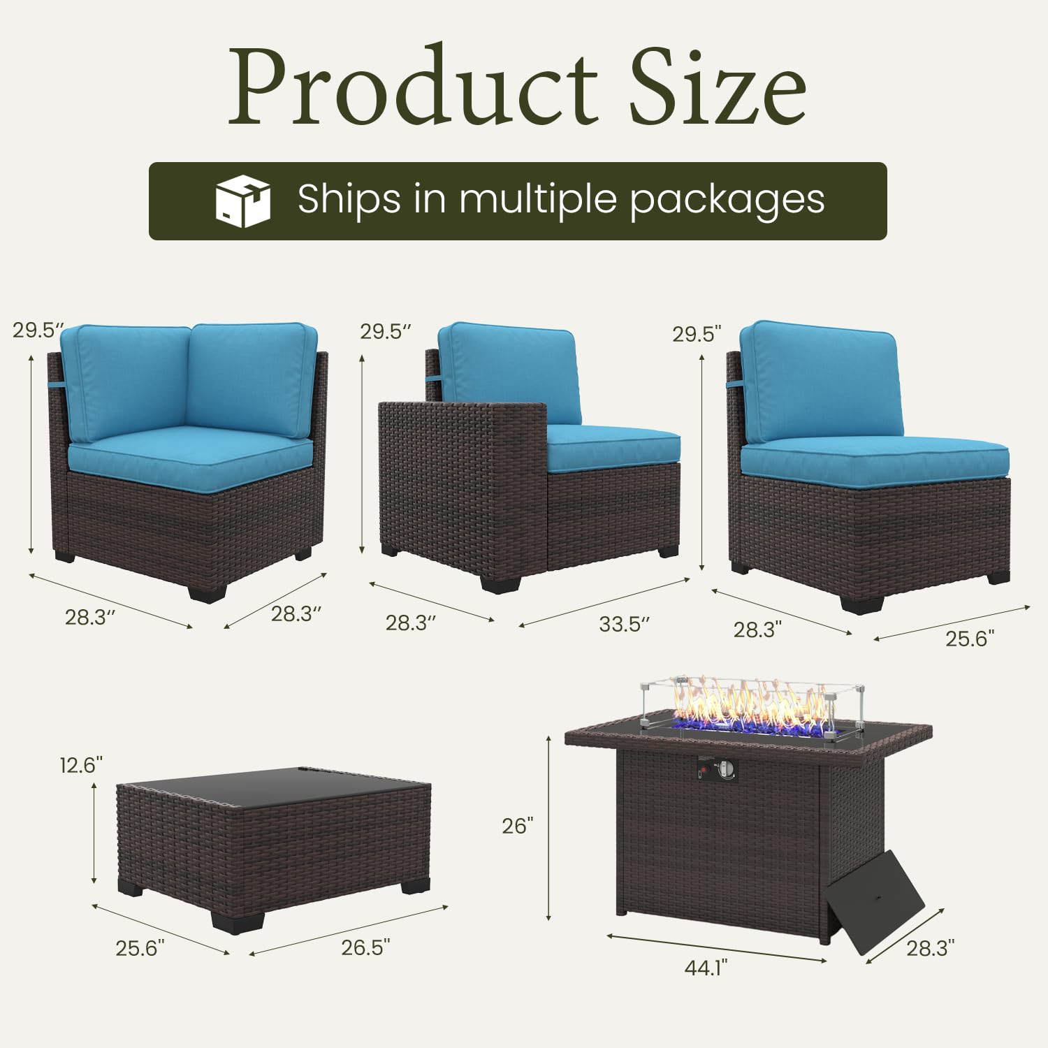 LayinSun 7 Pieces Outdoor Patio Furniture Set with 44" Fire Pit Table Rattan Sectional Sofa Conversation Sets