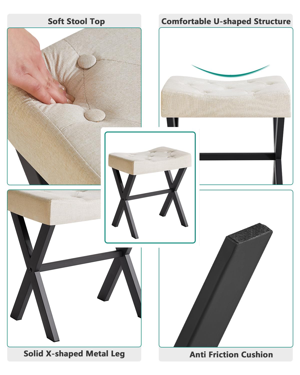 IBUYKE U-Shaped PU Vanity Stool, Square Makeup Chair with X-Leg, Ottoman Seat Footrest Stool, Multi-Use as Small Side Table, for Bedroom, Living Room, Black WBD019B