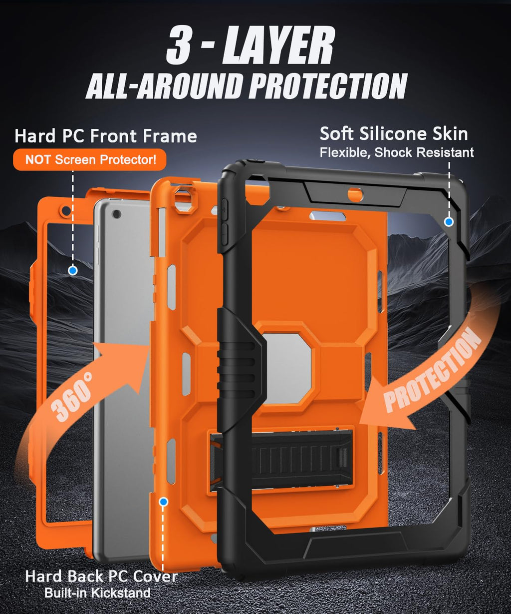 OKP Case for iPad 9th/ 8th/ 7th Generation (2021/2020/2019), Heavy Duty 10.2 inch iPad Shockproof Rugged Protective Cover with Built-in Stand, Hard iPad 9 8 7 Gen Cases for Kids Girls Boys, Black