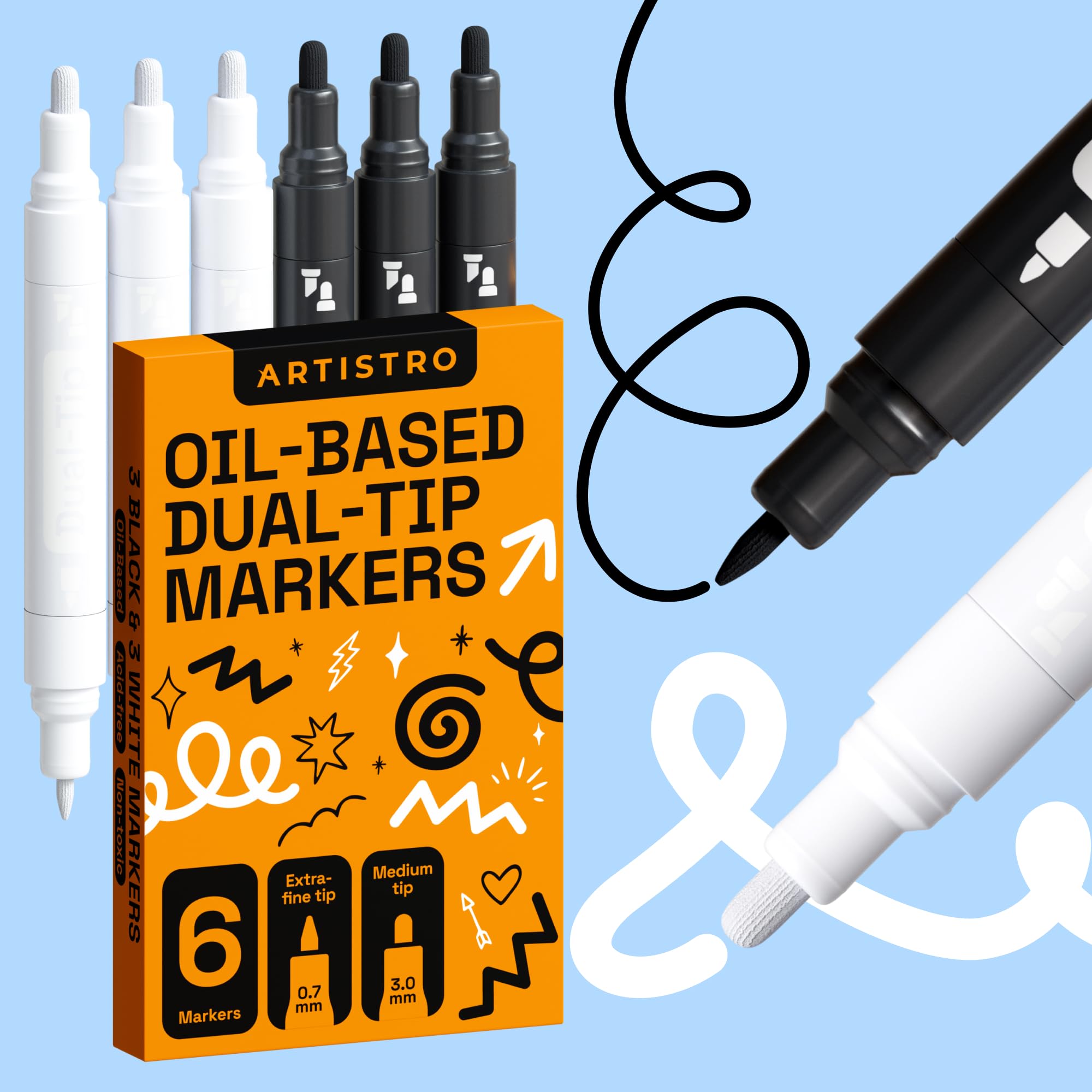 ARTISTRO 2 Black Permanent Marker - Waterproof Markers for Tire, Fabric, Rocks, Glass, Ceramic, Wood, Paper - Oil Based Paint Pens - Medium Tip 3mm