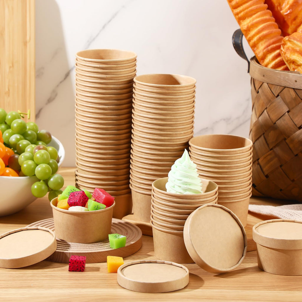 Fulmoon 100 Pack Paper Soup Containers with Lids Disposable Paper Food Containers with Vented Lid Kraft Ice Cream Cake Dessert Cups Soup Bowl for Party Hot Food Fruit Microwave(4 oz,Brown)