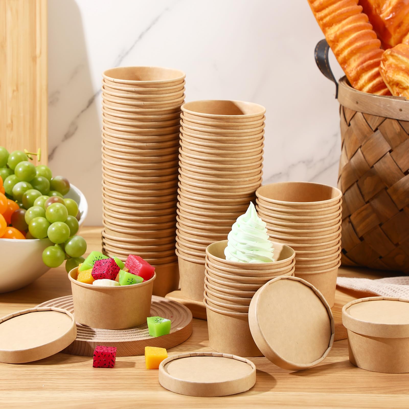 Fulmoon 100 Pack Paper Soup Containers with Lids Disposable Paper Food Containers with Vented Lid Kraft Ice Cream Cake Dessert Cups Soup Bowl for Party Hot Food Fruit Microwave(4 oz,Brown)
