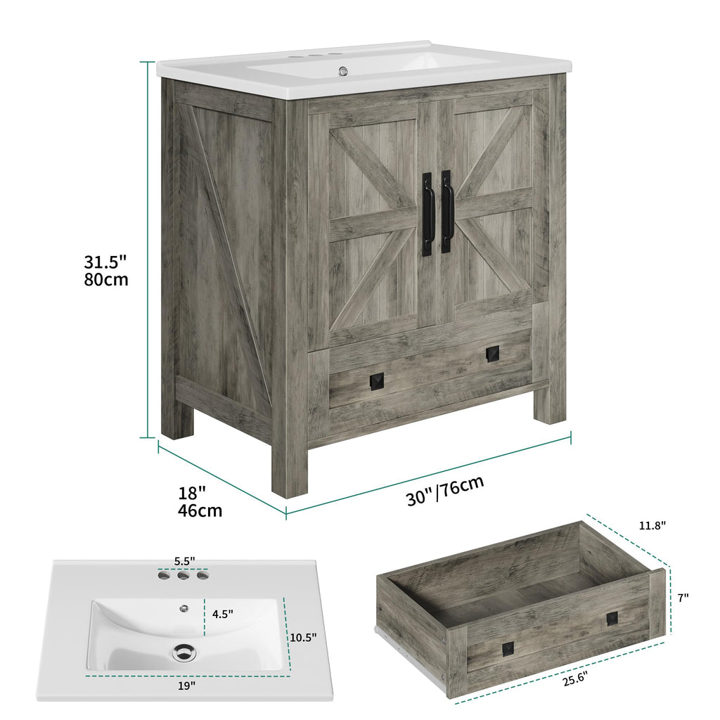 YITAHOME 30 Inch Farmhouse Bathroom Vanity with Sink, Small Space Bathroom Storage Cabinet with Large Drawer, 2 Wood Barn Doors with Built-in Door Racks