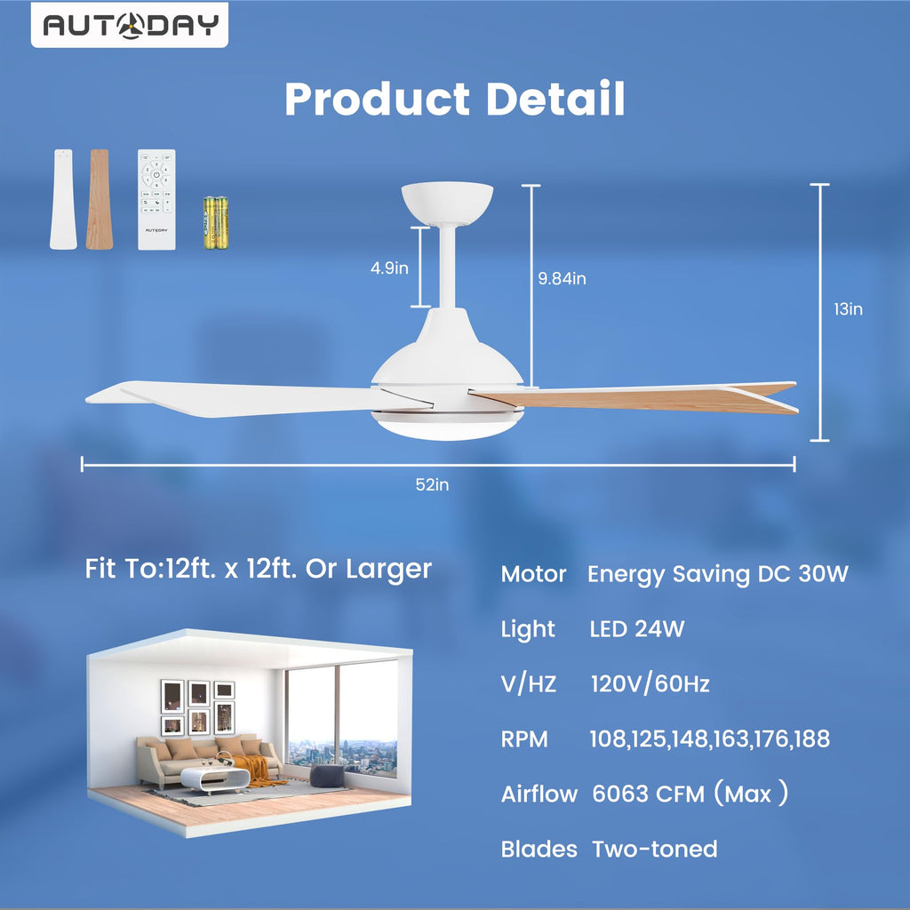 42 Inch Low Profile Ceiling Fan with Light, White Ceiling Fans with Lights and Remote, Flush Mount, 6 Speeds Reversible Quiet DC, 3CCT Dimmable, Indoor Outdoor Ceiling Fans for Patios Bedroom