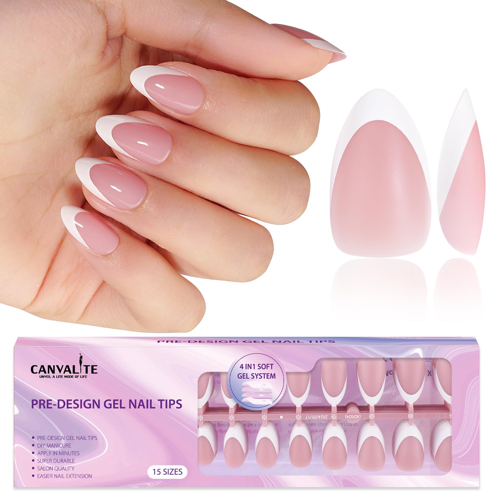 Canvalite French Tip Press on Nails Gel Nail Tips - 300Pcs Pre-Colored Quick and Easy Press on Nails Almond Fake Nails with Designs DIY Nail Extensions, Nude White