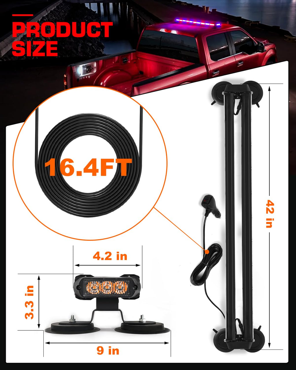 42" Roof Top Strobe Light Bar Amber White Emergency Traffic Advisor Lights, Double Side Warning Safety Flashing w/Magnetic Mount for Construction Vehicles Plow Trucks Pickup, Amber/White
