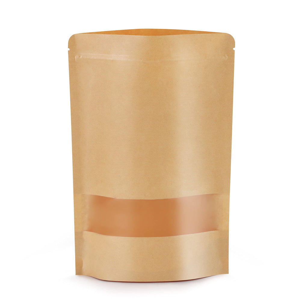 50pcs Kraft Bags with Window 3.5x5.5 Inches Brown Reusable Sealable Zip Lock Food Storage Stand up Paper Pouches for Home or Business
