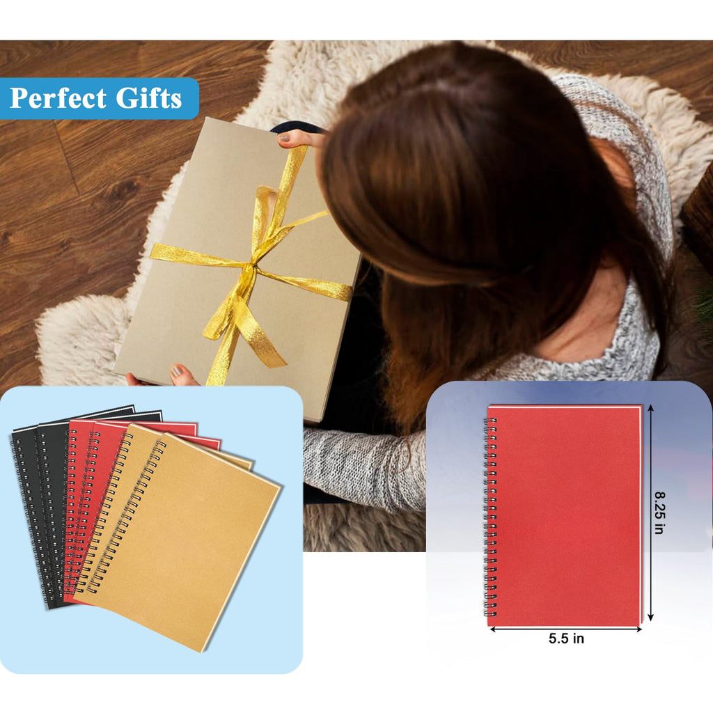 4Pack Small Spiral Notebook A5, 8.25x5.5” 120 Lined Pages Black & Red Wide Ruled Spiral Journal Bulk Blank Kraft Cover Spiral Bound Notebook & Writing Pads for Home Office Meeting Work Note Taking