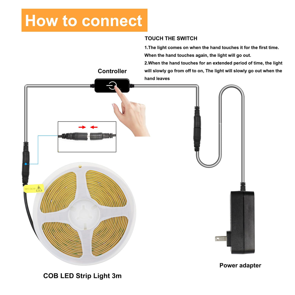 Pandery COB LED Strip,LED Strip Lights 3M/9.84ft,Touch Dimmable LED Strips,CRI90+,2700K Warm White cob led,960LEDs,24V LED Tape Lights,Indoor for Bedroom, Kitchen, TV, Mirror,Cabinet