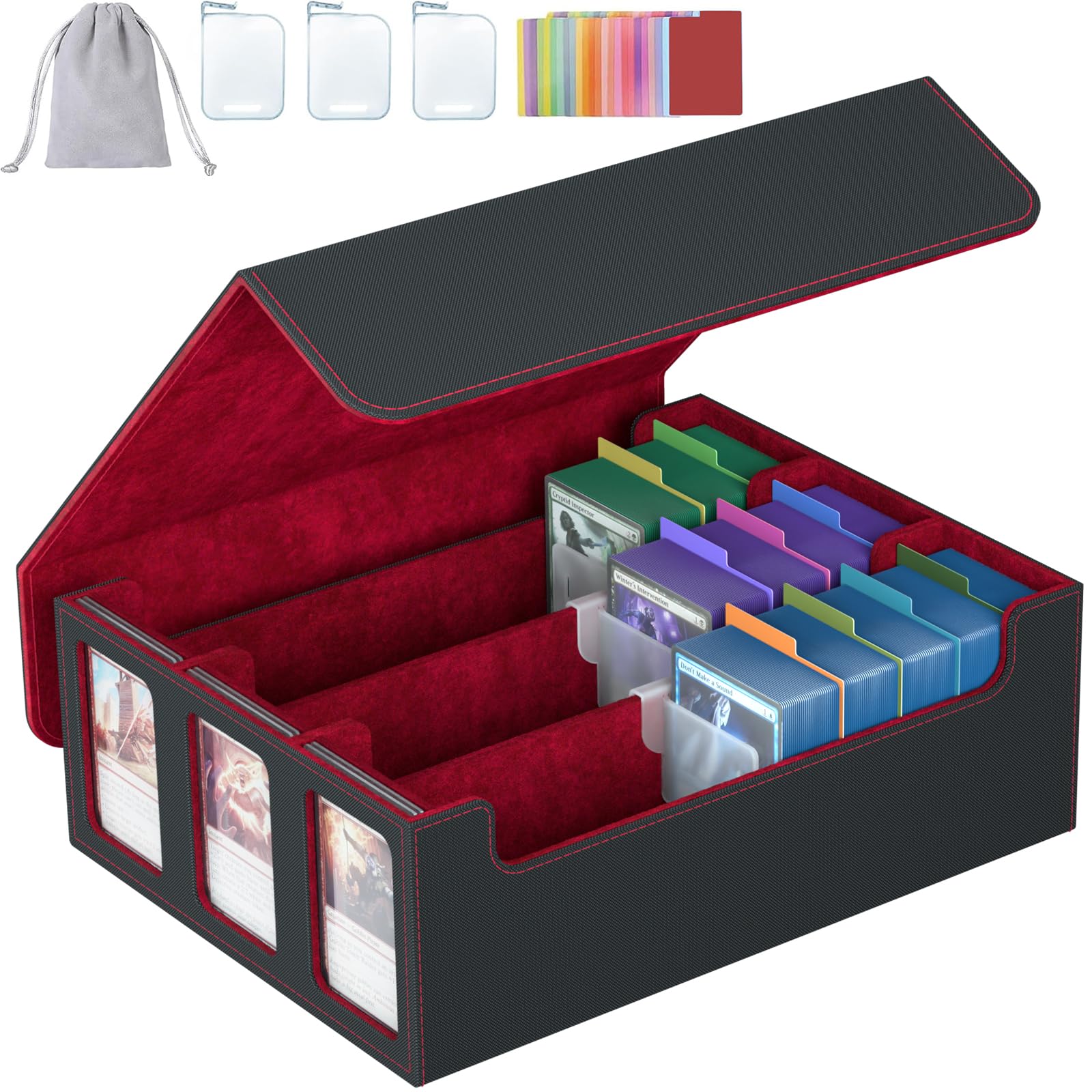 3-Row Trading Card Storage Box, Bulk Cards Case for 2400+ Mtg tcg Magic Playing Game Card Organizer, Commander Deck Box with 3 Supports & 24 Dividers