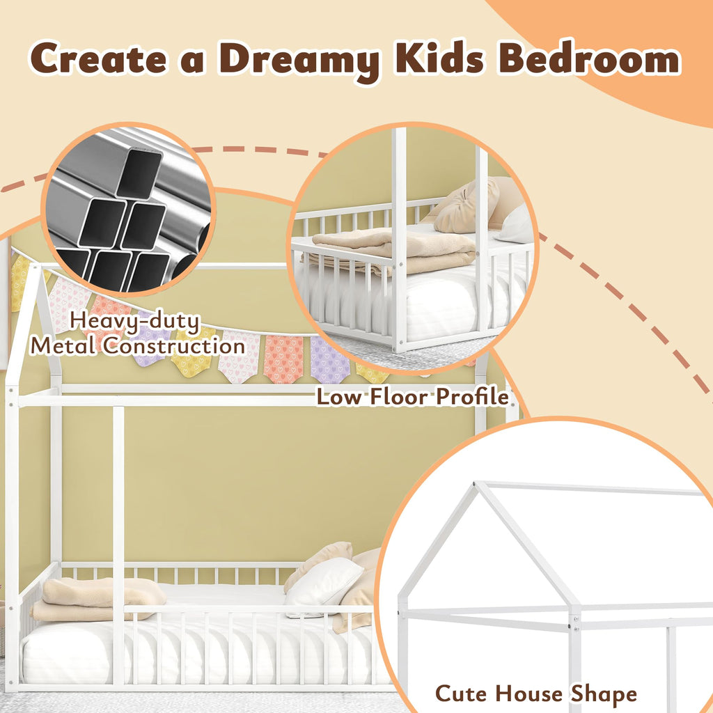 Bellemave Twin Size Montessori Floor Bed, Metal House Bed Framefor Kids, Montessori Floor Beds with Fence, Playhouse for Kids,Black